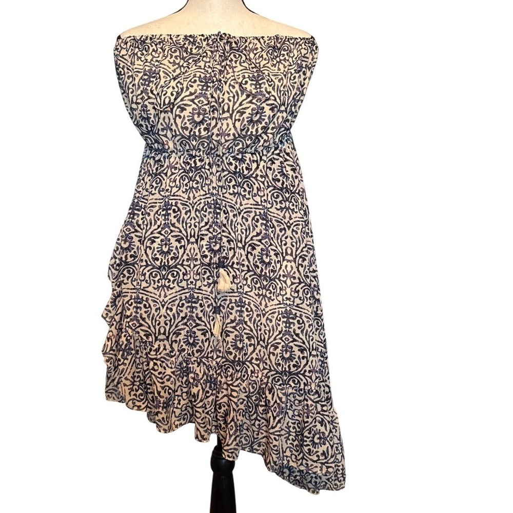 Free People Asymmetrical Handkerchief Hem Dress XS S Blue‎ Cream Smocked Boho